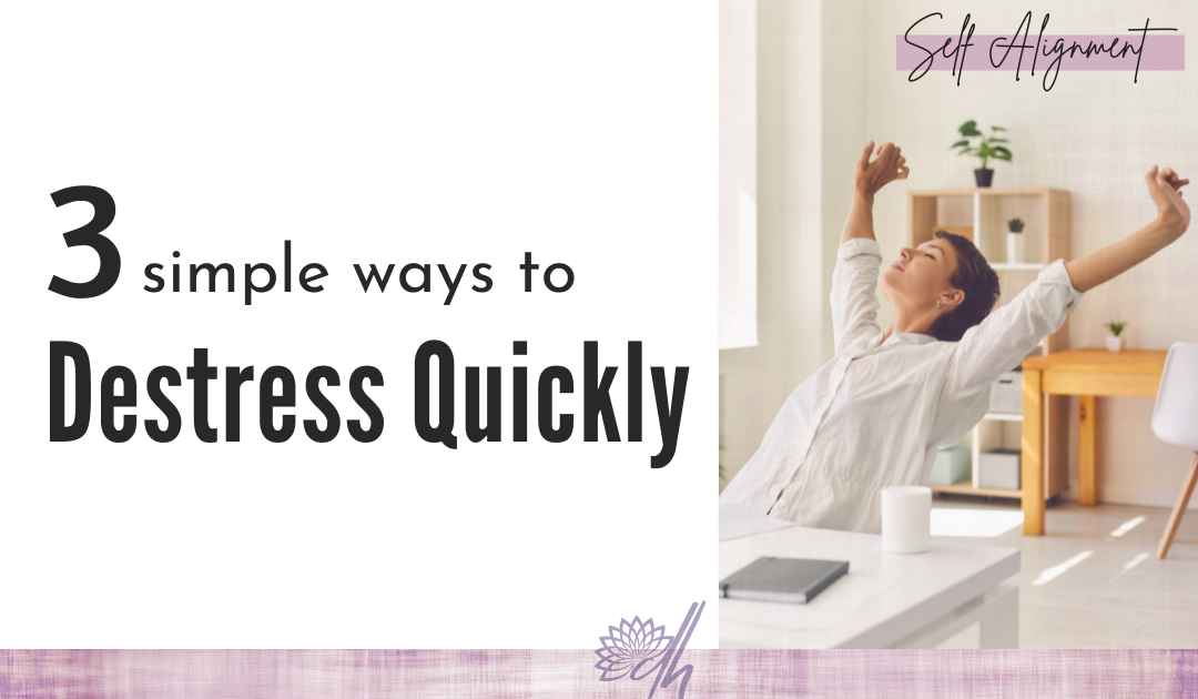 Woman at her work desk stretching to destress quickly